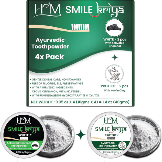 HM - Teeth Whitening Ayurvedic Tooth Powder | Non Foaming - Remove Stains & Freshen Breath | Activated Charcoal & Kaolin Clay | Veganessential Oils & Ayurvedic Herbs | Pack of 4 X 0.35Oz [1.4 Oz]